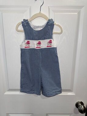 Blue Gingham Smocked Toddler Romper with Pink Embroidery Accents